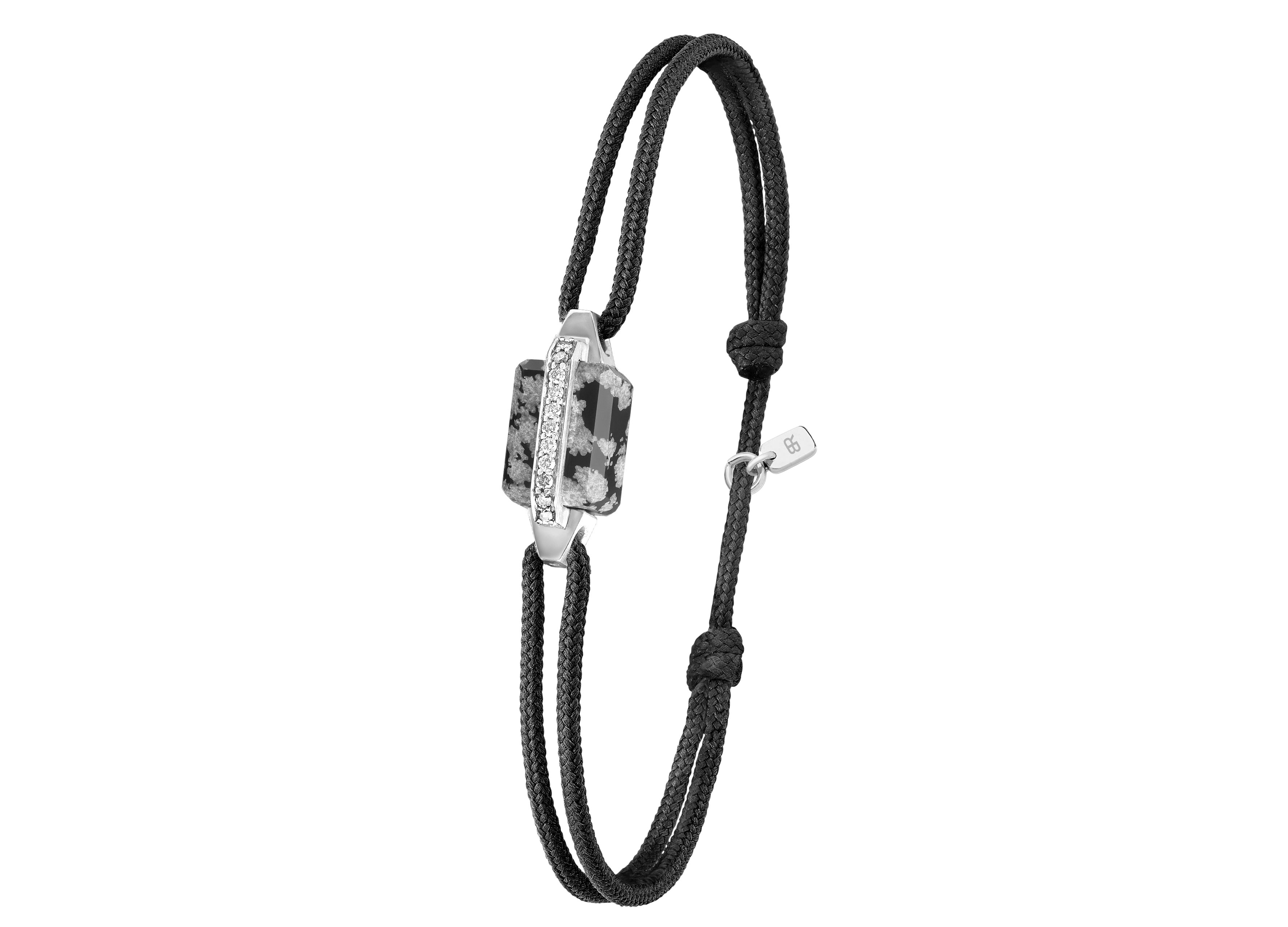 Bracelet or blanc, diamants et obsidienne neige