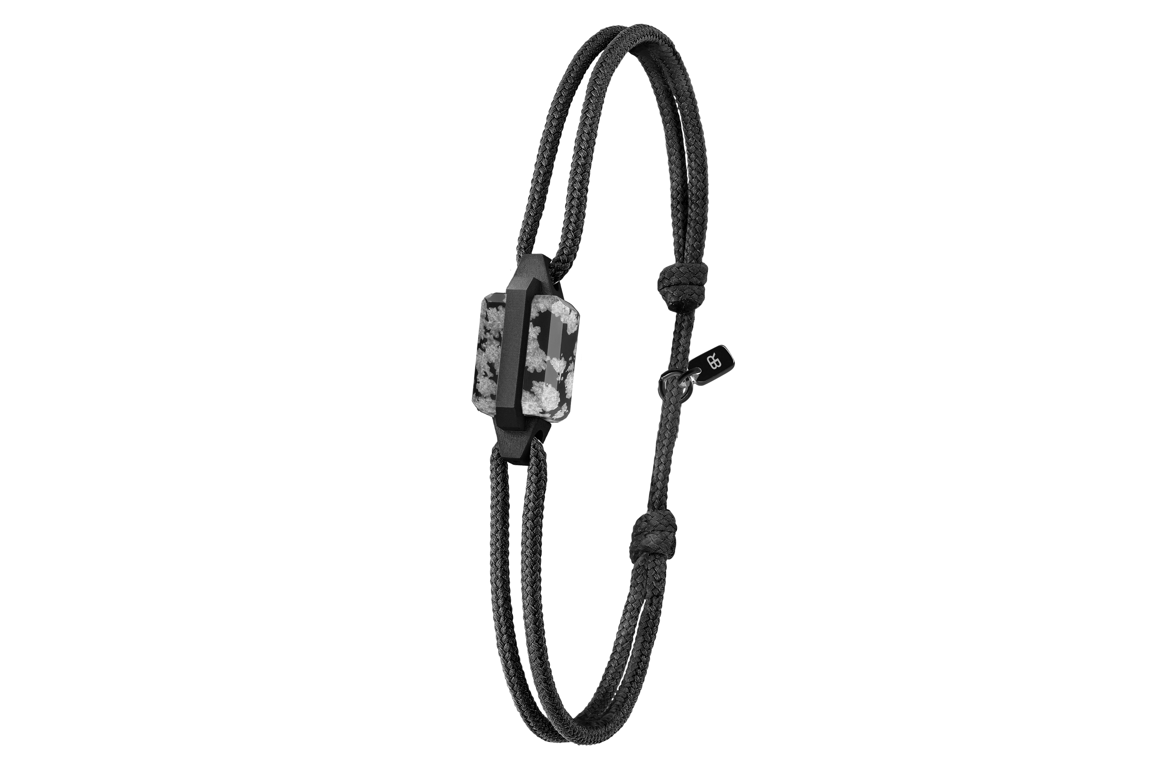 Bracelet acier microbillé, DLC noir et obsidienne neige
