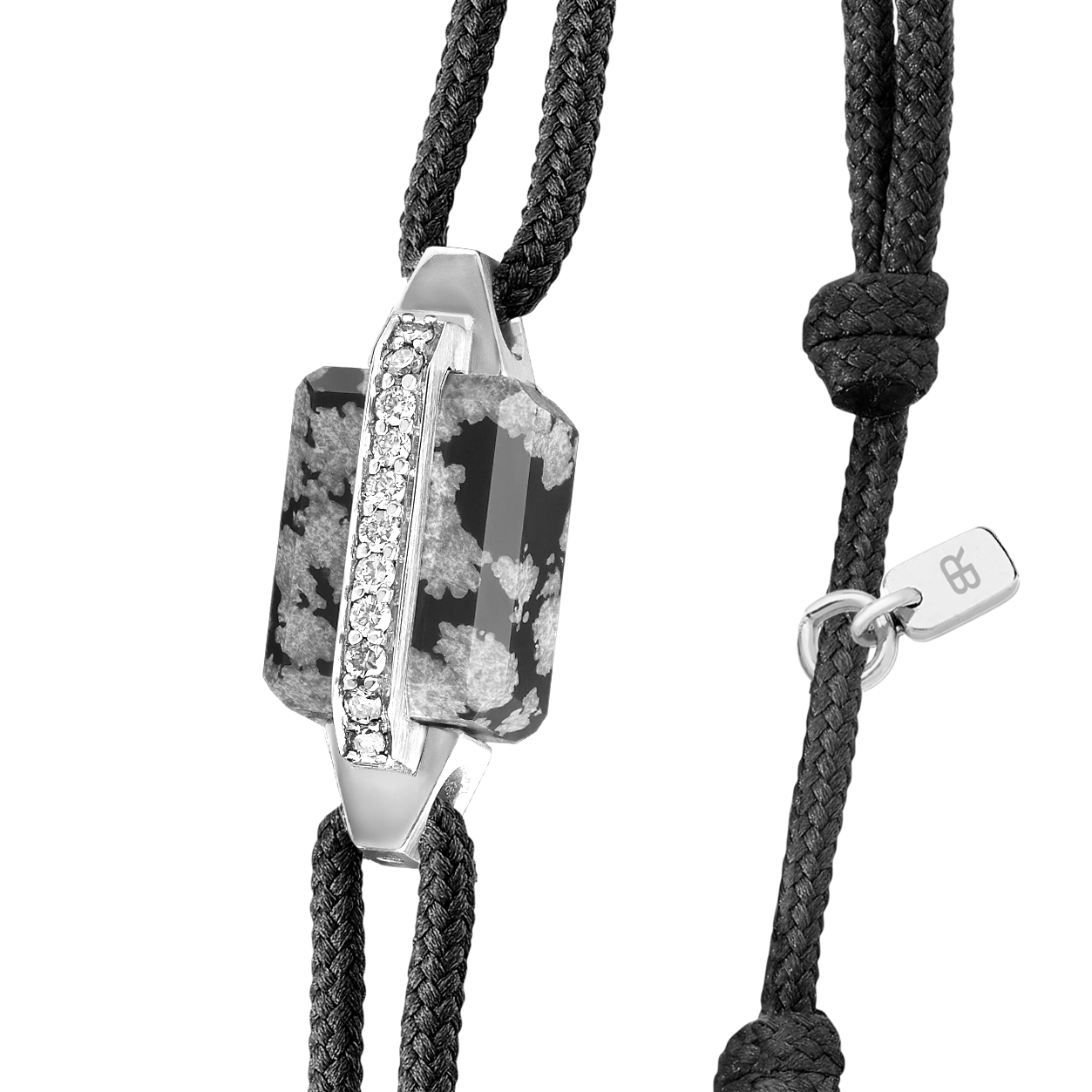 Bracelet or blanc, diamants et obsidienne neige